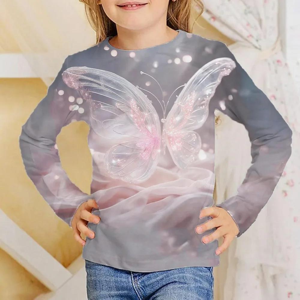 Children's Colorful Butterfly 3D Digital Printed Girl's Casual and Comfortable Round Neck Long Sleeve T-shirt