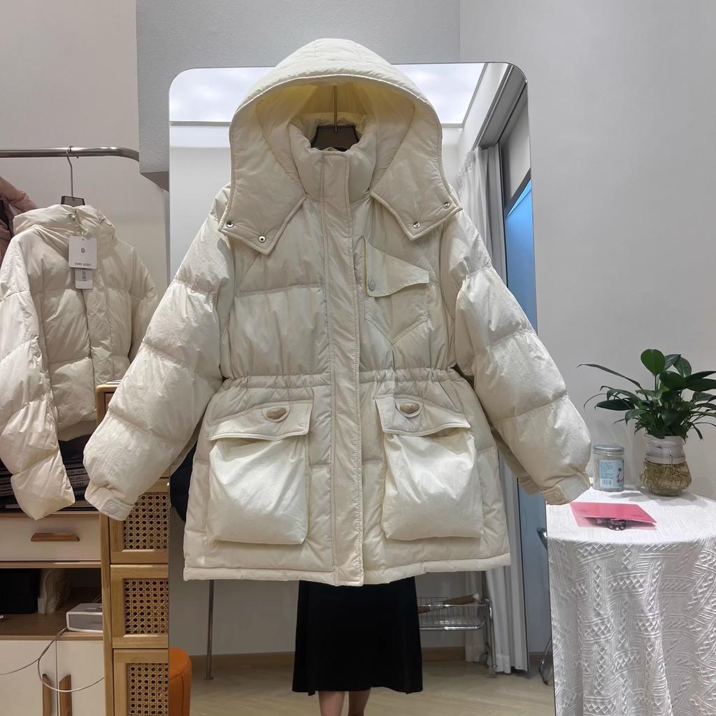 Пуховик женский средний и длинный с капюшоном новый утолщенный пояс свободный теплый белый утиный пуховик прилив