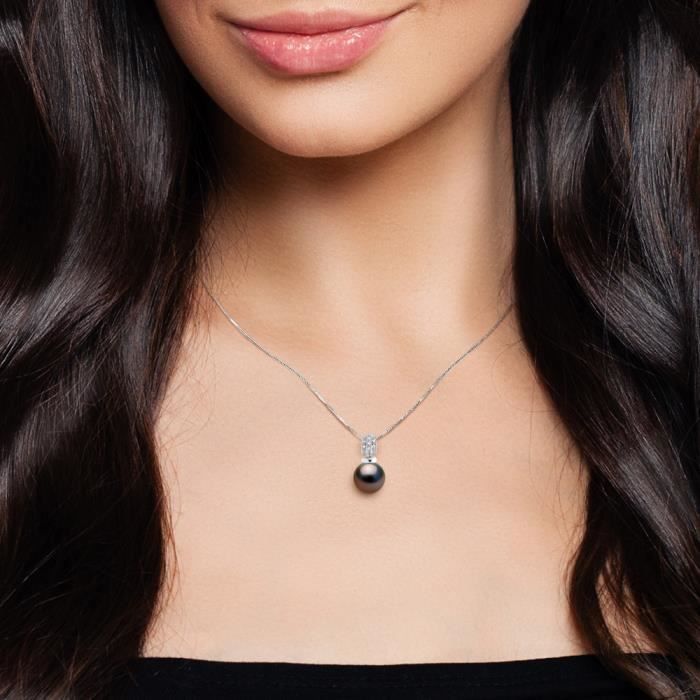 Compagnie Générale des Perles - Pendentif Diamants 0.50 Cts Véritable Perle de Tahiti Ronde 11-12 mm Or Blanc 18 Cts - Bijou Femme