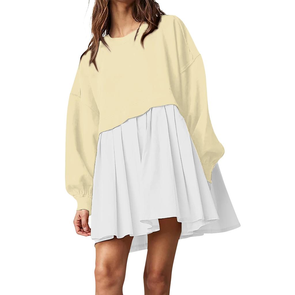 Женское платье-толстовка большого размера с длинным рукавом в стиле пэчворк, пуловер, топы, платье-толстовка