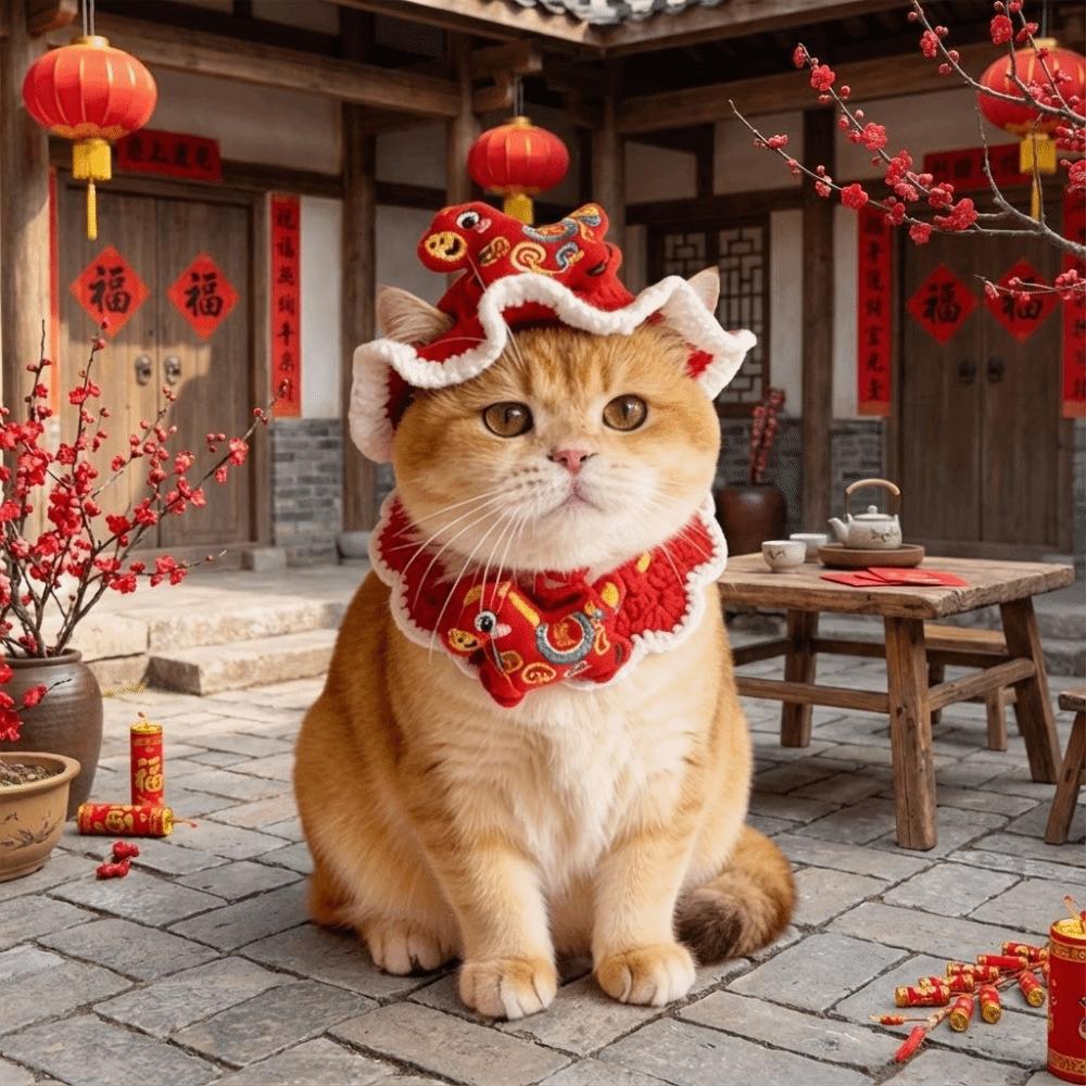 Funny Cartoon Chinese Style Pet Scarf Zodiac Horse Design Adjustable New Year Cat Headwear Elastic Red Cat Collar Photo Prop