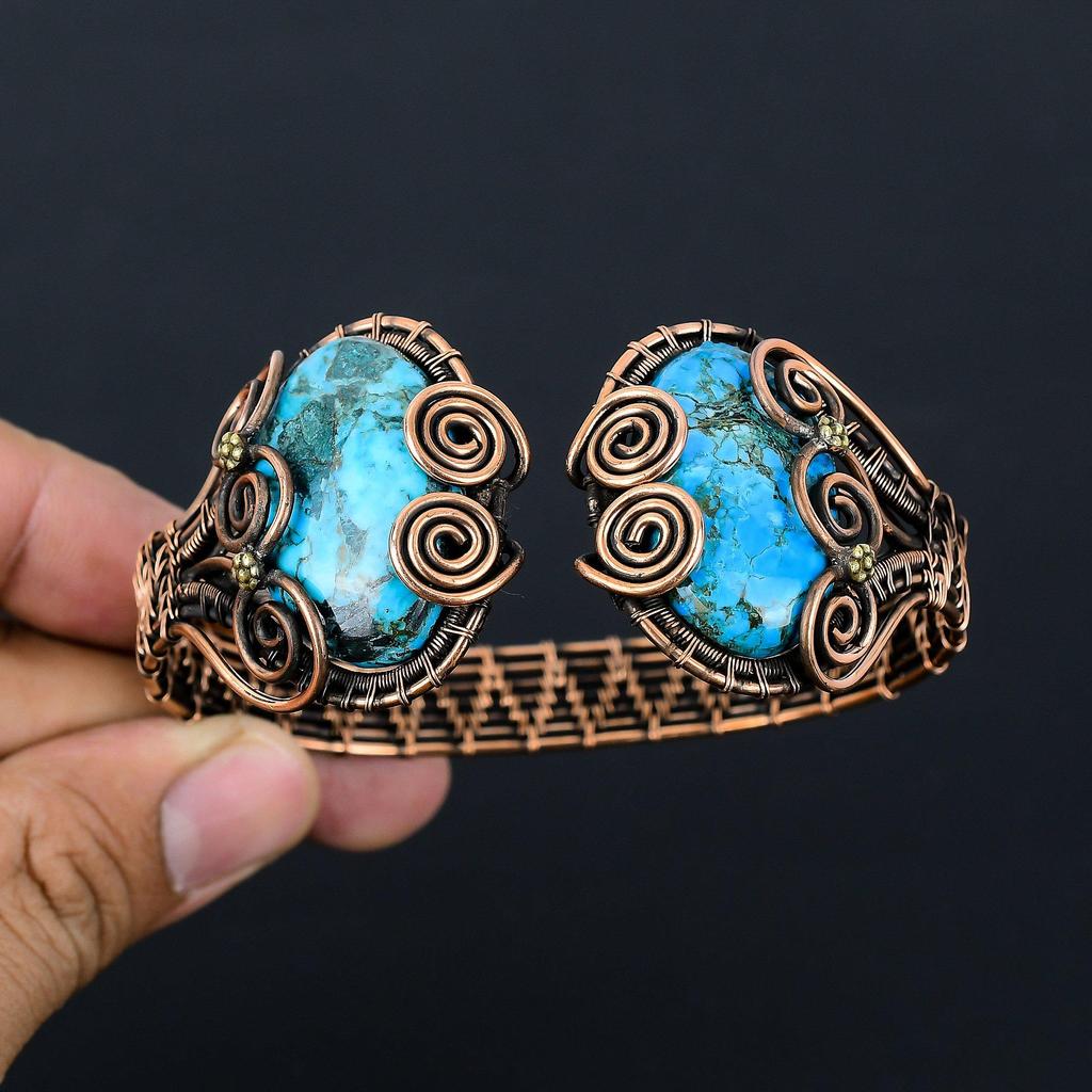 Синий тибетский бирюзовый драгоценный камень чистая медная проволока, обернутая вручную манжета/браслет, регулируемые ювелирные изделия