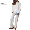 2 шт./комплект женский топ брюки костюм высокий воротник длинные рукава однотонный трикотажный спортивный свитшот эластичный пояс широкие брюки фитнес-наряд осень