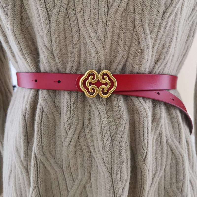 Female Genuine Leather Skinny Belt For Dresses And Tops With Pushbutton Closure For Daily Fashion
