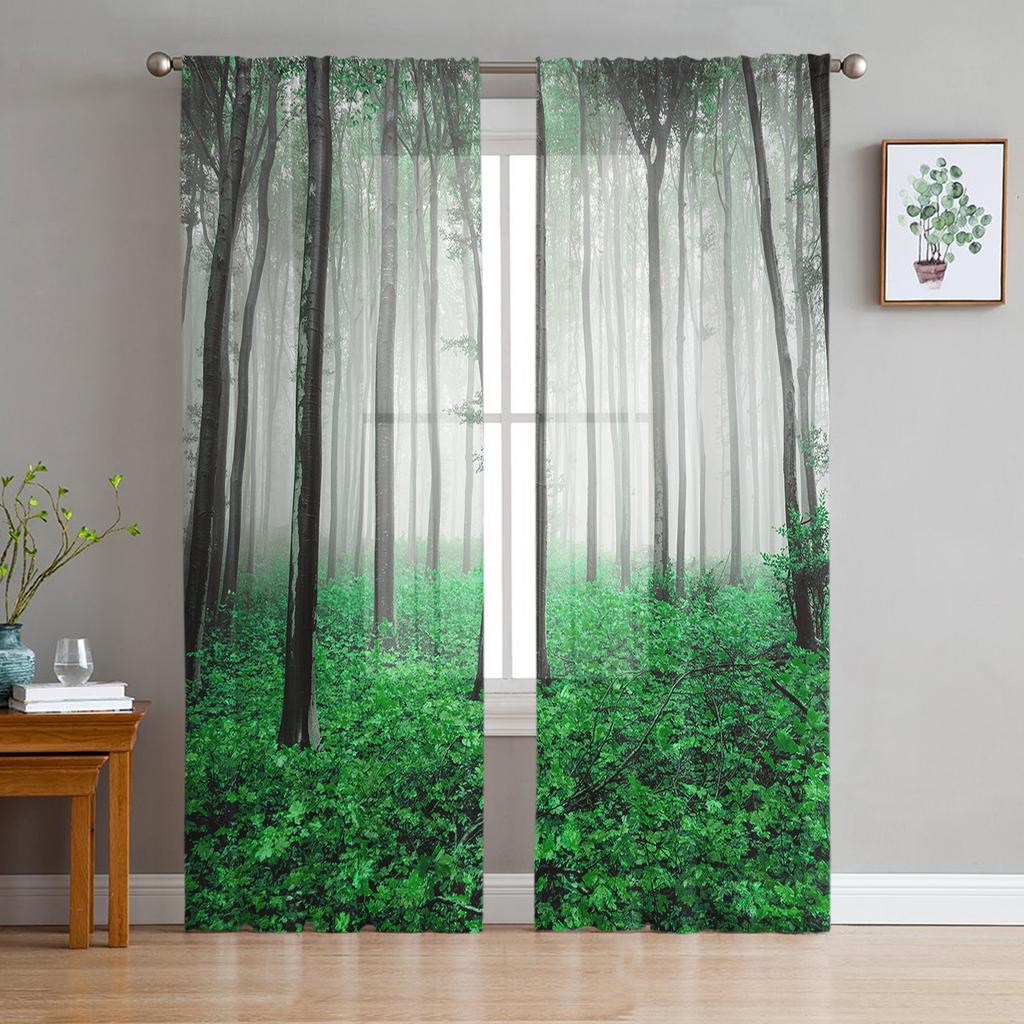 Arbor Tree Lake Landscape Sheer Voile Curtain For Living Room Transparent Tulle Window Curtains For Bedroom Accessories Decor