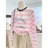 Fashionable Round Neck Striped Printed Sun Protection Tulle Blouse Long-sleeved T-shirt Women's Versatile Loose Top