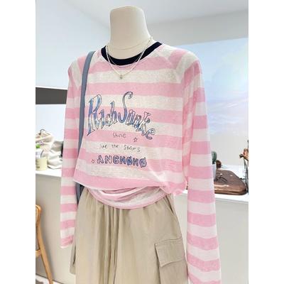 Модная блузка из тюля с круглым вырезом, в полоску с принтом, для защиты от солнца, футболка с длинным рукавом, женский универсальный свободный топ