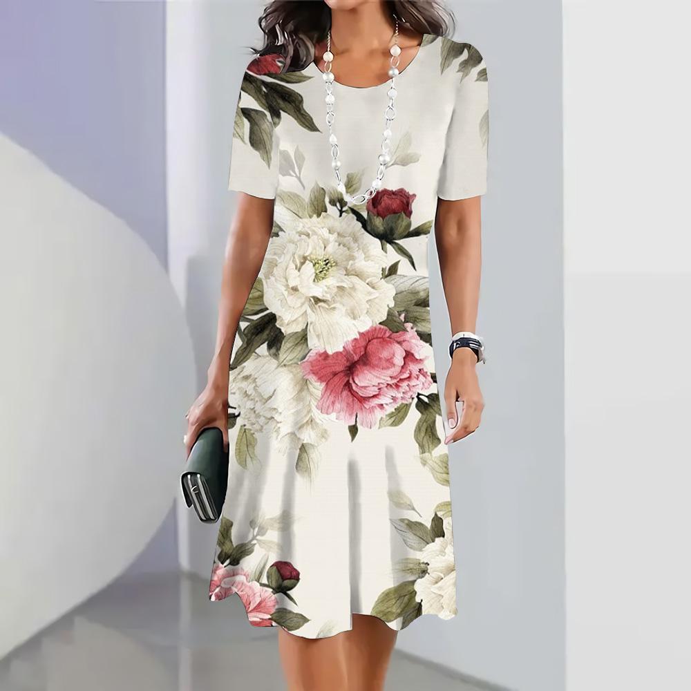 Элегантное свободное женское платье с принтом листьев 3D, платье с коротким рукавом, круглый вырез, юбка А-силуэта, летняя повседневная удобная уличная одежда