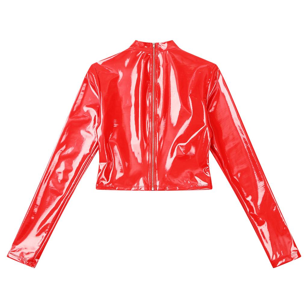 Women's Wetlook Patent Leather Mock Neck Long Sleeve Hollow Out Crop Tops Clubwear