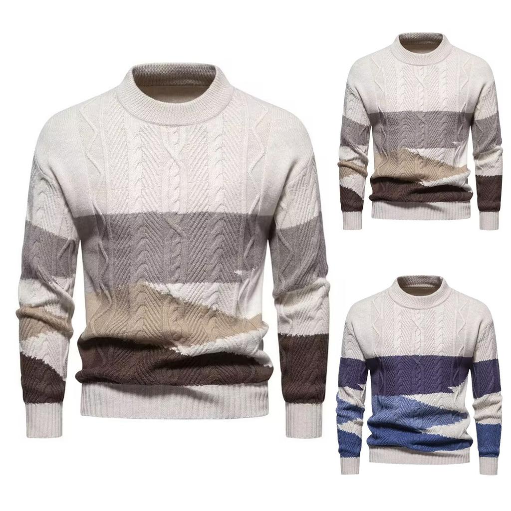 Men's Colorblock Casual Sports Pullover Retro Cable Warm Knit Long Sleeve Sweater