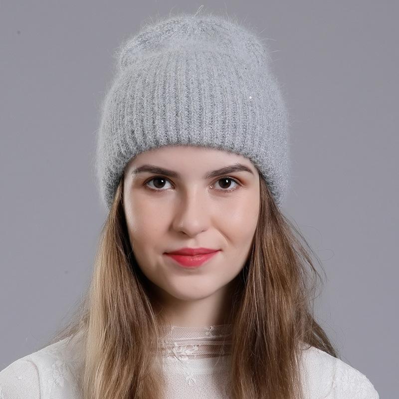 Женская зимняя теплая вязаная шерстяная универсальная шапка-пуловер с высокими фланцами и блестками из кроличьей шерсти
