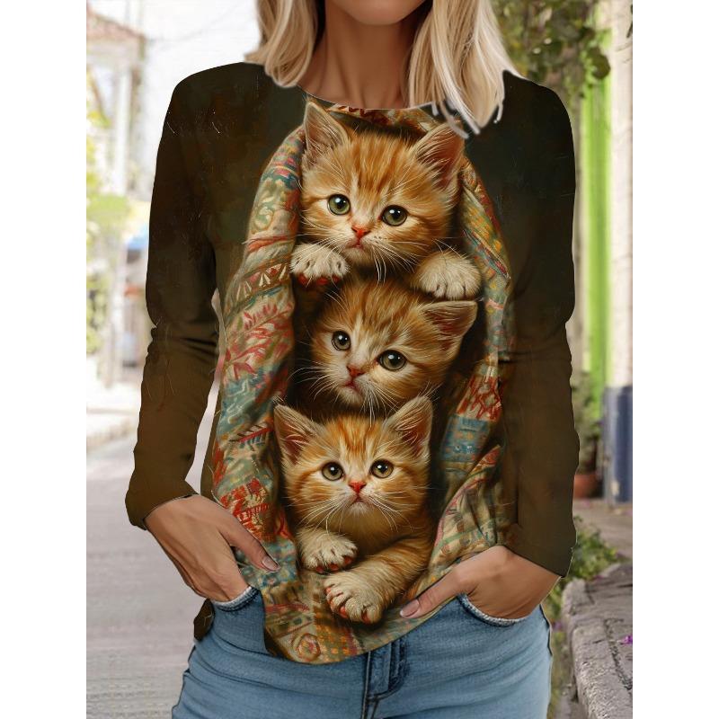 Рождественский женский круглый вырез с длинным рукавом и принтом котенка, длинный рукав, праздничный свитер с 3D-принтом, длинный рукав, весна и осень
