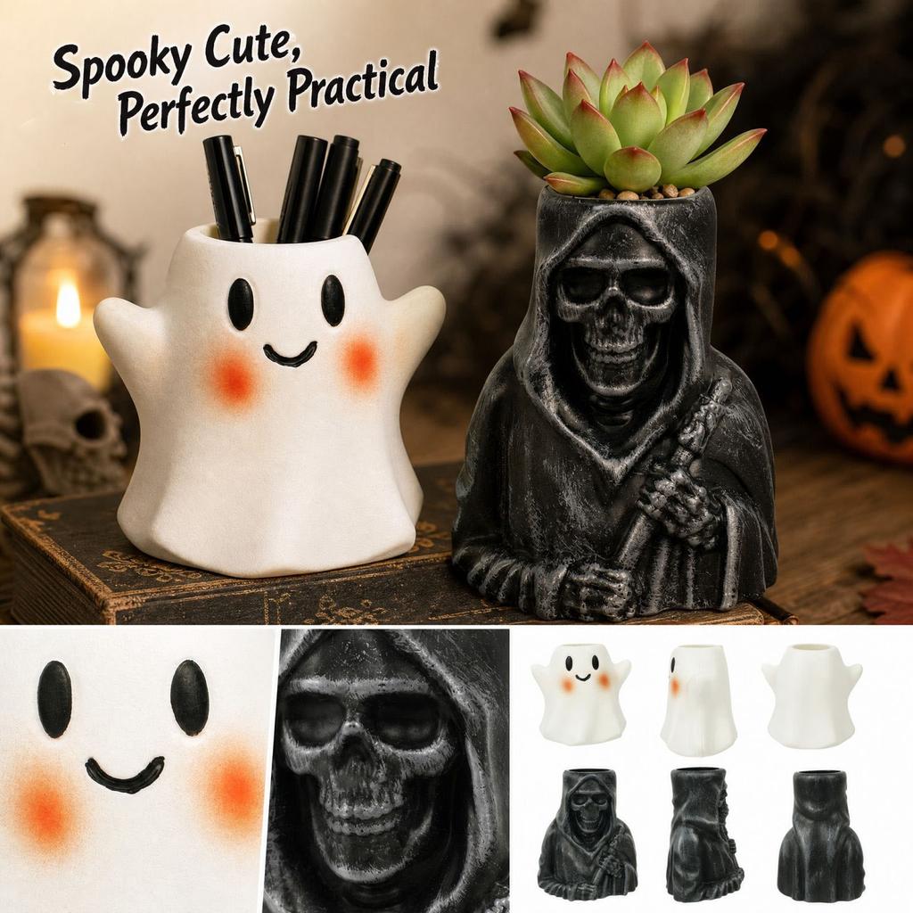 Cute Halloween Resin Pen Holder with and Design, 2-in-1 Planter for Desk Decor