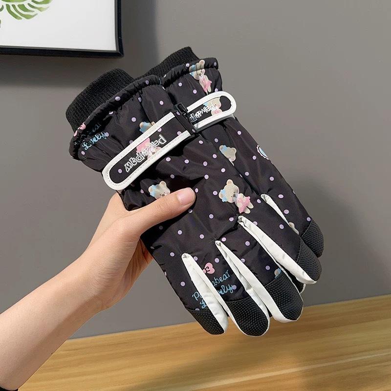 Милые женские перчатки с медвежонком для катания на ветрозащитные и теплые, на флисовой подкладке и утолщенные, водонепроницаемые и морозостойкие, для активного отдыха, лыжные