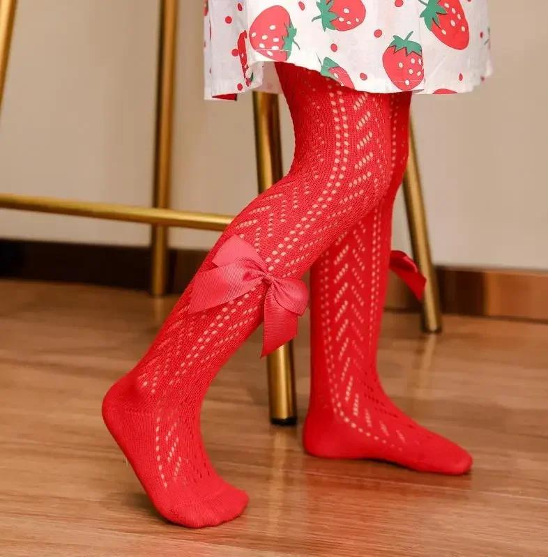 Детские колготки для новорожденных девочек, бесшовные леггинсы с ажурной вязкой и бантом, хлопковые колготки для малышек 0-4Т