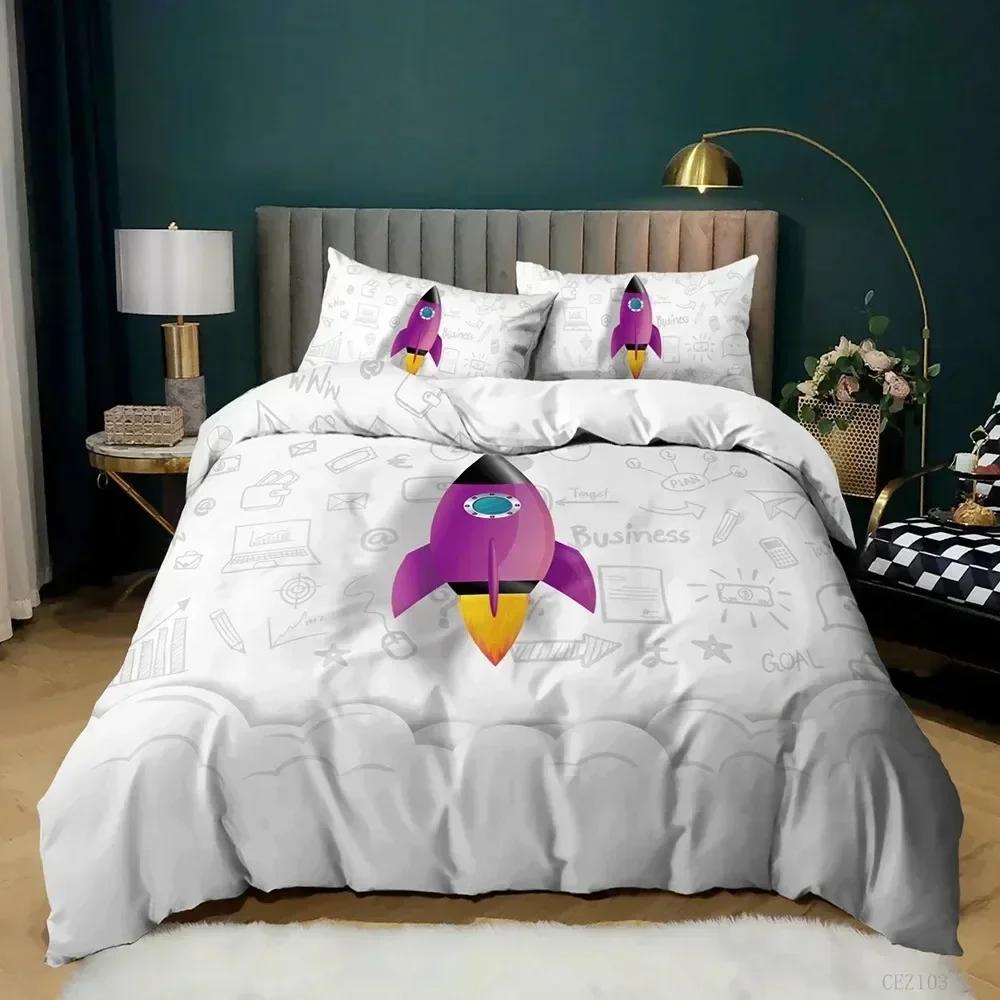 Top 3D Cartoon Duvet Cover Set Science Fiction Space Themed With Earth And Rocket,Decorative Bedding Set,Queen Size Quilt Cover