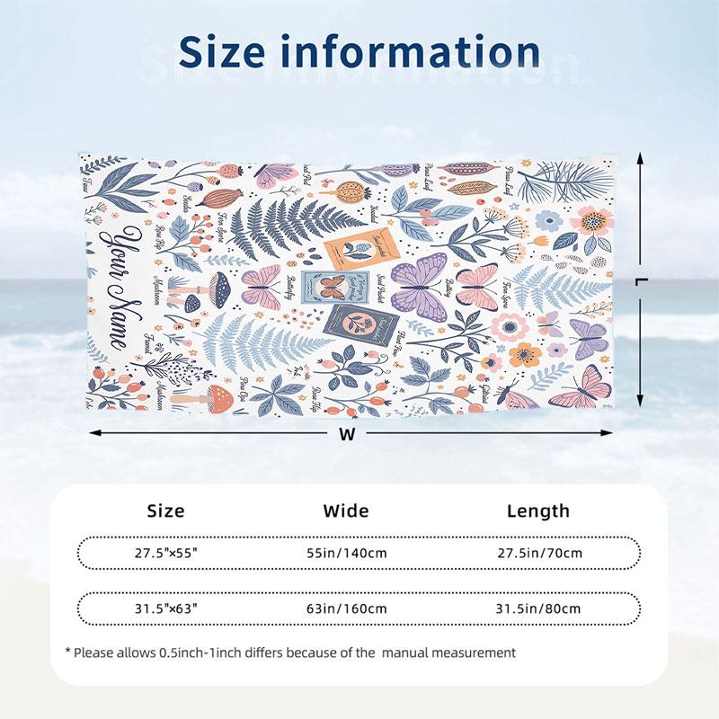 Floral Nature Illustration Theme Quick Dry Beach Towel Custom Name Text Print Large Sand Resistant Towel Beach Vacation