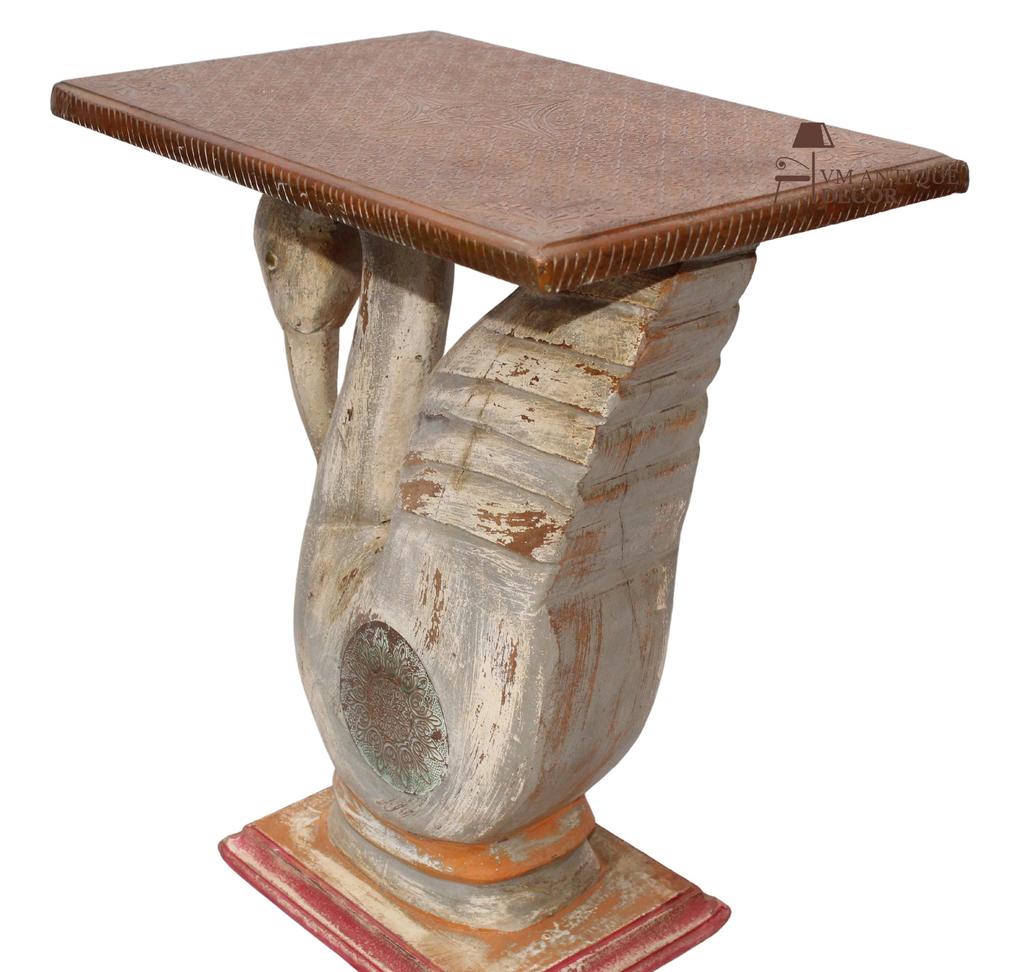 Handicrafted Swan Design Wooden Side Table | Carved Bird Accent Table with Textured Top | Artisan Furniture Piece, Coffee Table Art Decor