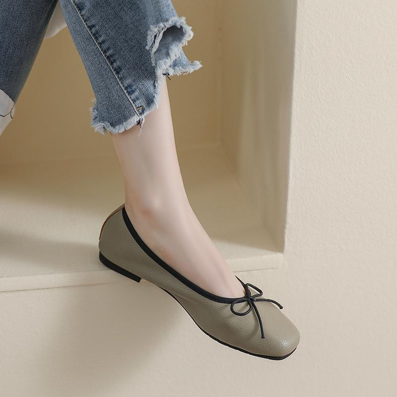 Женские одинарные туфли с квадратным носком, балетки на плоской подошве с бантом и открытым верхом