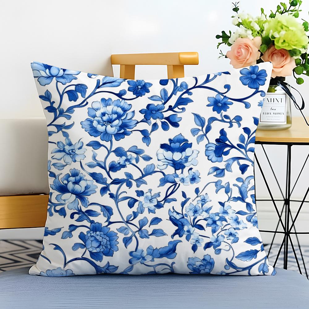 Blue and White Porcelain Cushion Cover Washable Linen Pillowcase Soft  for Sofa Bed Cozy Home Room Decor