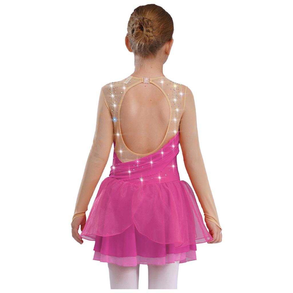 Платье для фигурного катания с блестками и стразами, с длинным рукавом, из прозрачной сетки, с вырезом на спине, лирический костюм для выступлений