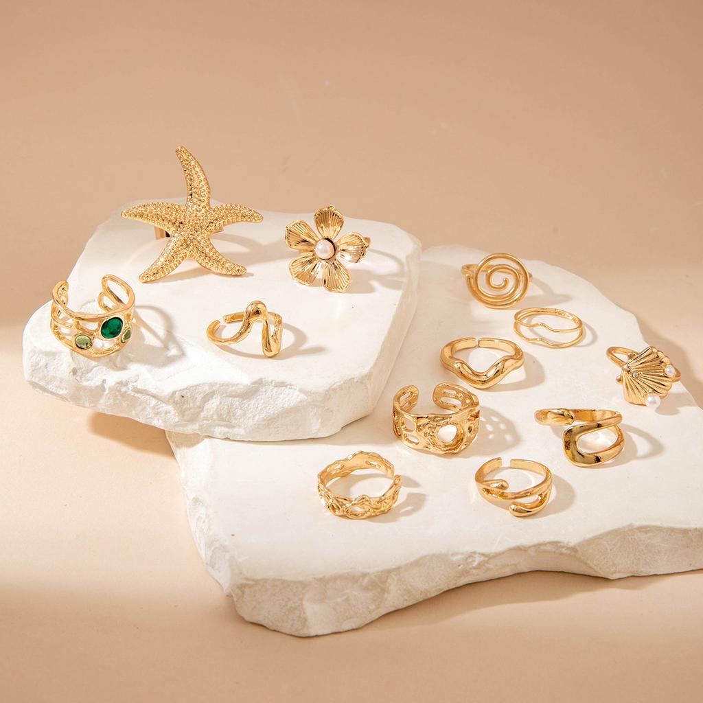 European and American Jewelry Fashion Irregular Alloy Cut-out Winding Imitation Pearl Flower Layering Ring Set for Women