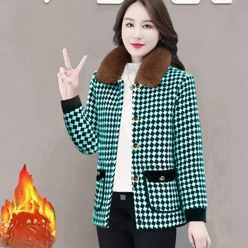 Warm Coat Women Autumn Winter New Plaid Jacket Mother Add Velvet Outwear High-End Fashion Fur Collar Detachable Overcoat Ladies