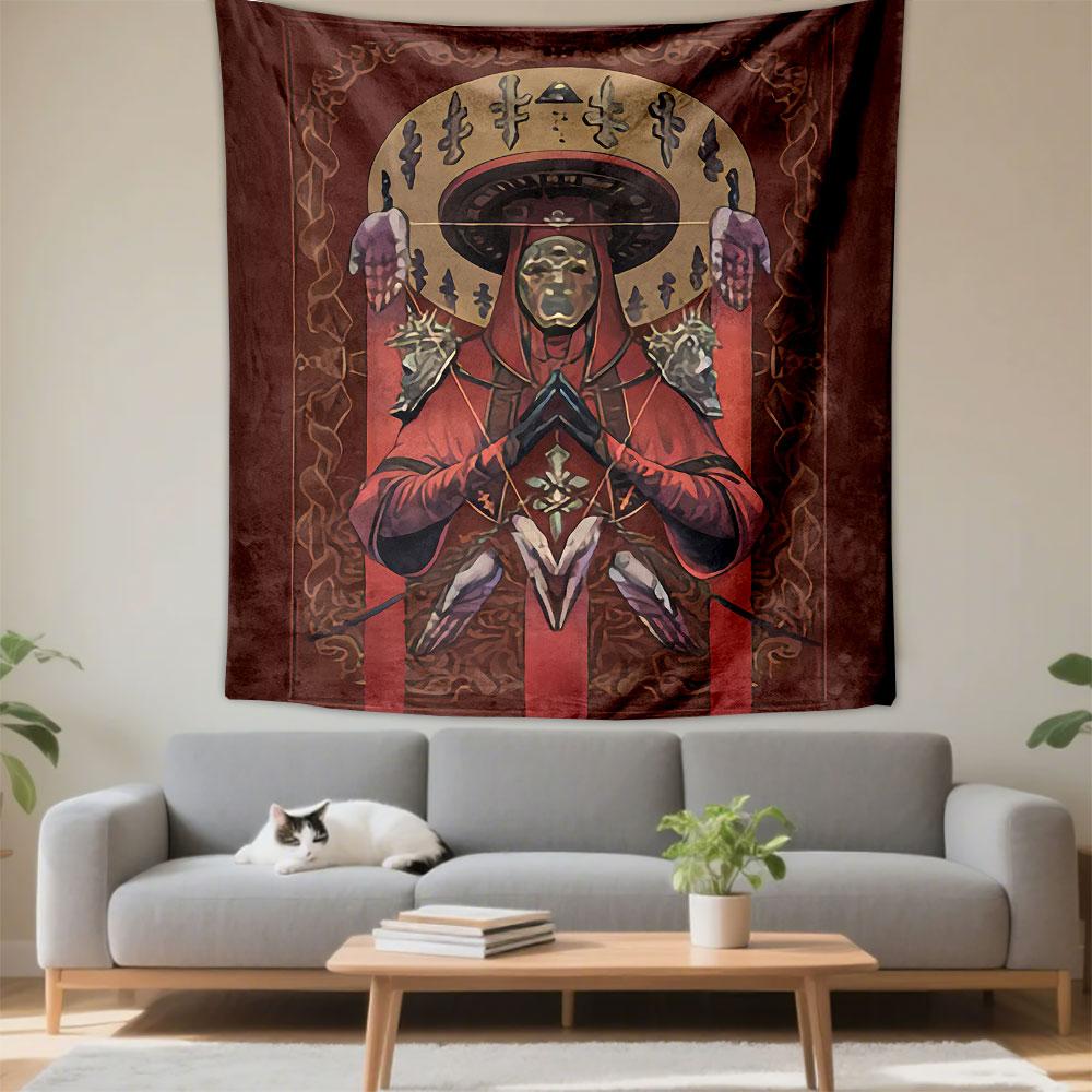 Masked Figure Ritual Art Tapestry Wall Hanging, Mystical Ceremony Illustration, Gothic Wall Decor for Bedroom Living Room Dorm