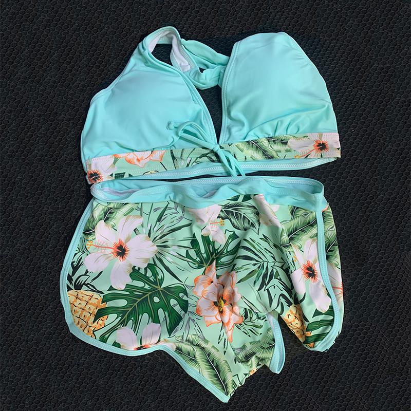 Сексуальные бикини женские летние из двух частей купальник с принтом женский пуш-ап Холтер с рюшами и запахом спереди купальный костюм с высокой талией