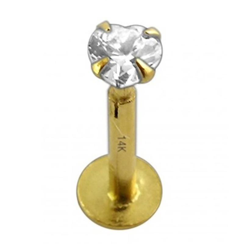 KODY PIERCING 14k Yellow Gold Gemstone Jewel Internal Lip Labret In Hollow Cubic Zirconia Heart-shaped 3mm Set by 4 Prongs - Quality Piercing