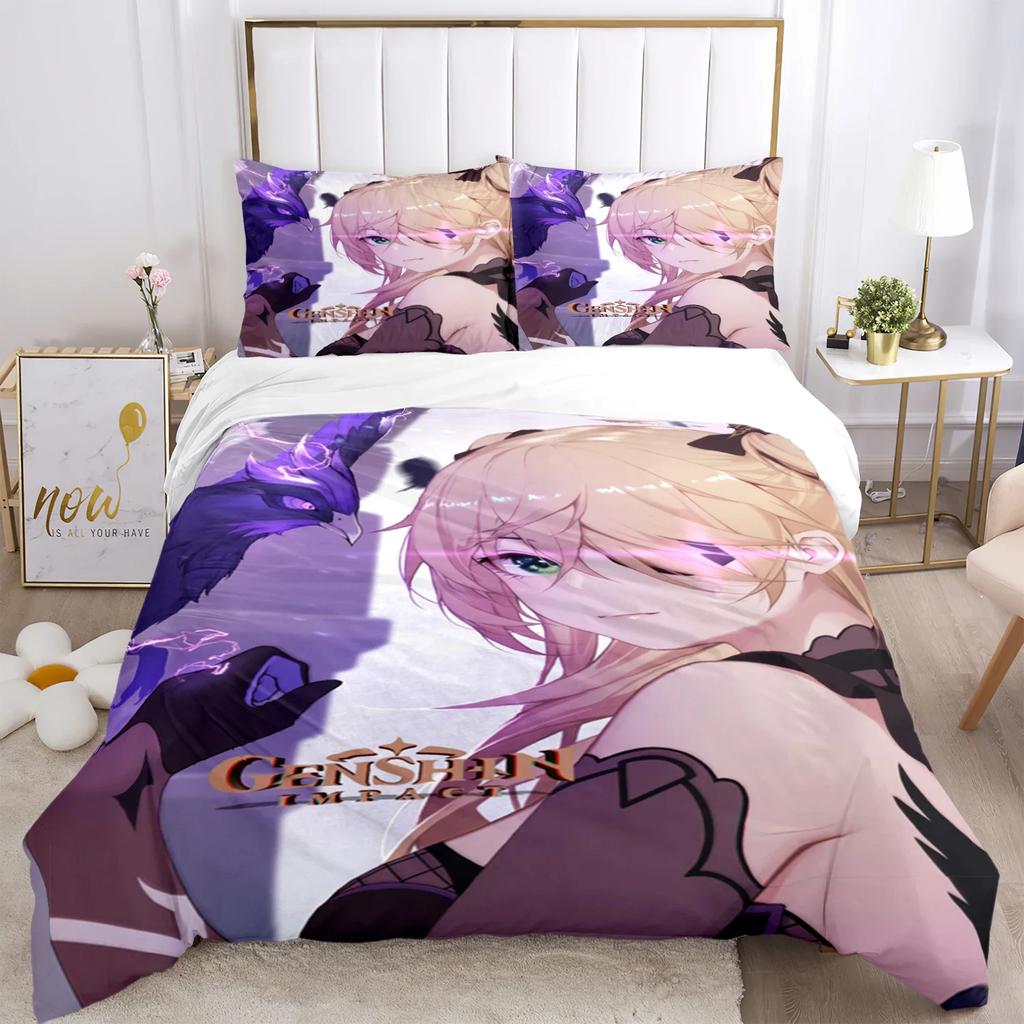 Genshin Impact Print Комплект постельного белья из трех предметов Модные изделия для детей и взрослых для кроватей Пододеяльники Наволочки Комплект постельного белья