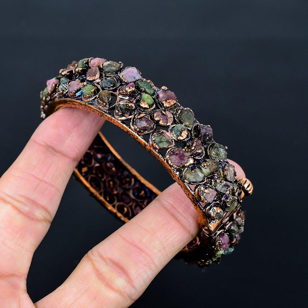 Multi-Tourmaline Cuff Bracelet Real Gemstone Bangle, Copper Electroformed Bracelet Handmade Jewelry, Adjustable Bangle For Gift Women Jewelry