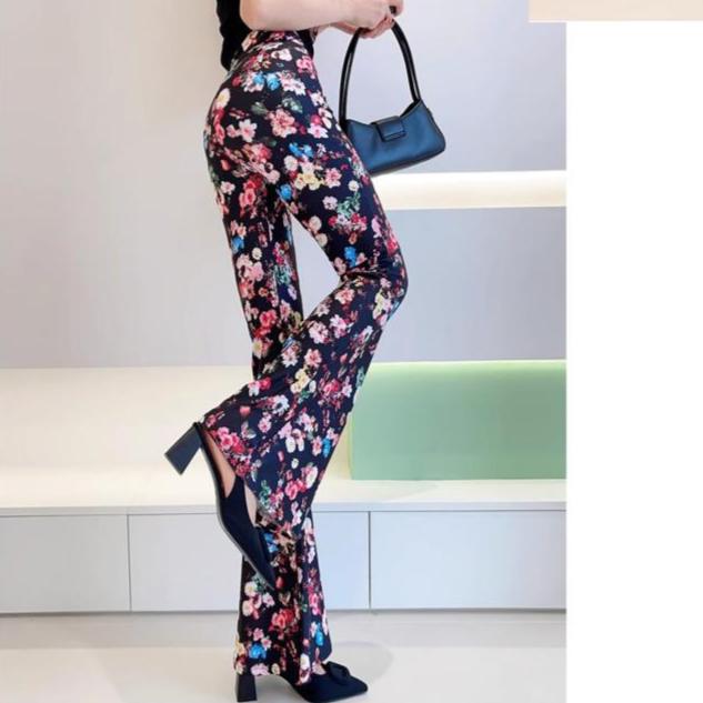 Весенние тонкие женские расклешенные брюки с высокой талией, облегающие брюки, расклешенные брюки с принтом и резинкой