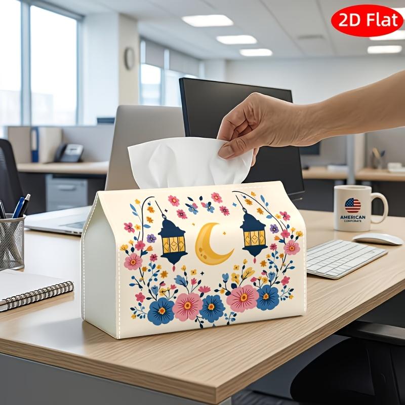 2D Flat, 1pc Tissue Box, Printed on Both Sides, Modern Artistic Tissue Box Lantern with Floral Crescent Print, Durable Polyester Fabric for Home, Offi