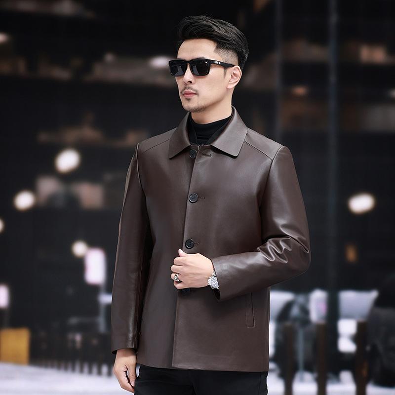 Мужская куртка из натуральной кожи осень-зима новая однобортная куртка средней длины из овчины для людей среднего и пожилого возраста