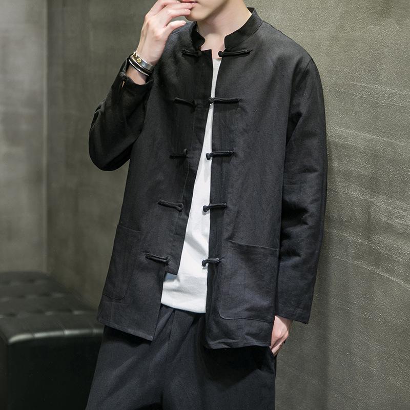 Spring Autumn Men's Models Solid Colour Buttons Paragraph Tang Suit Plus Size Shirt Chinese Retro Loose Tea Costume Zhongshan Blouse