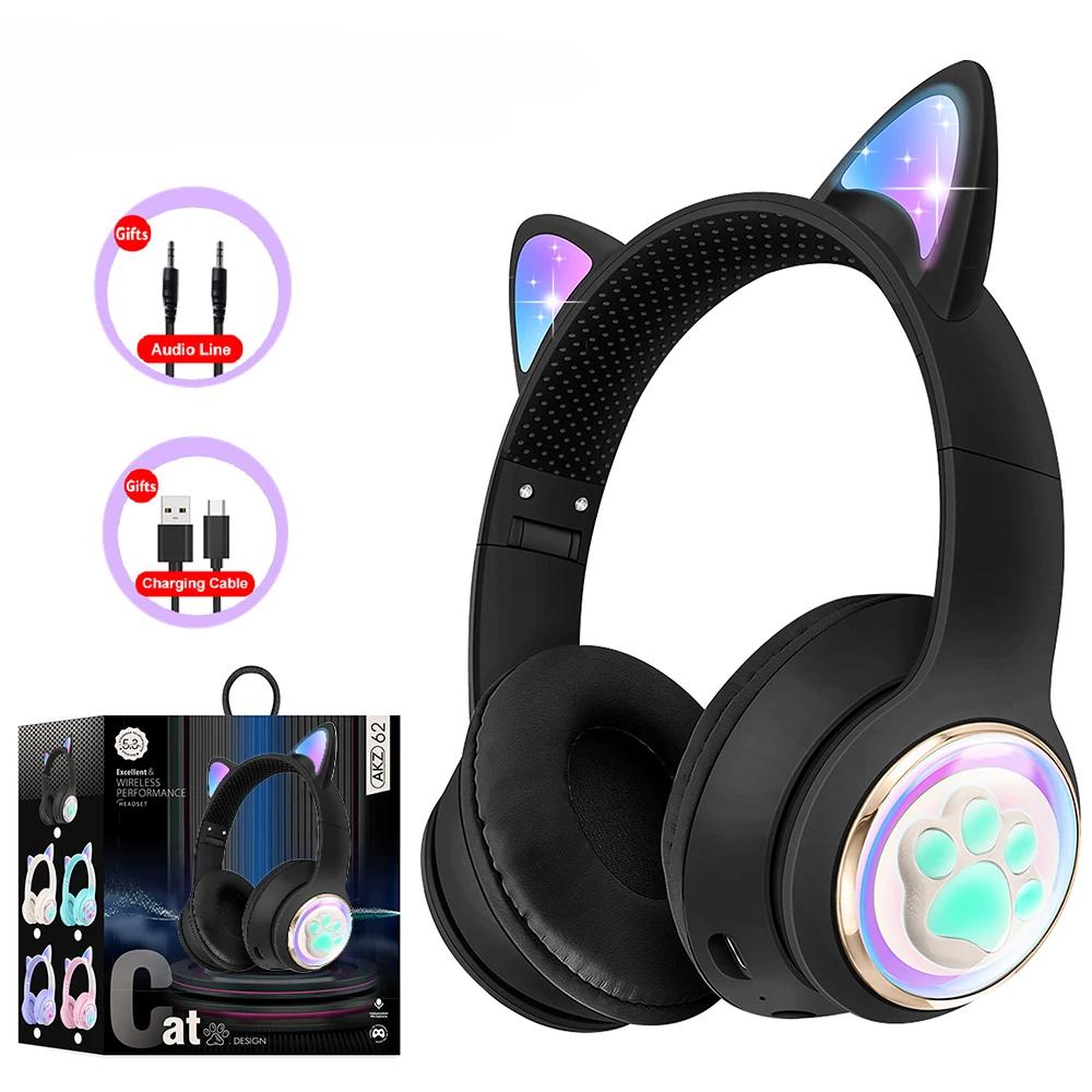 AKZ-62 RGB кошачьи ушки беспроводные наушники для ПК симпатичная 3D космическая капсула кошка Bluetooth гарнитура складная игровая гарнитура для детей девочек подарки