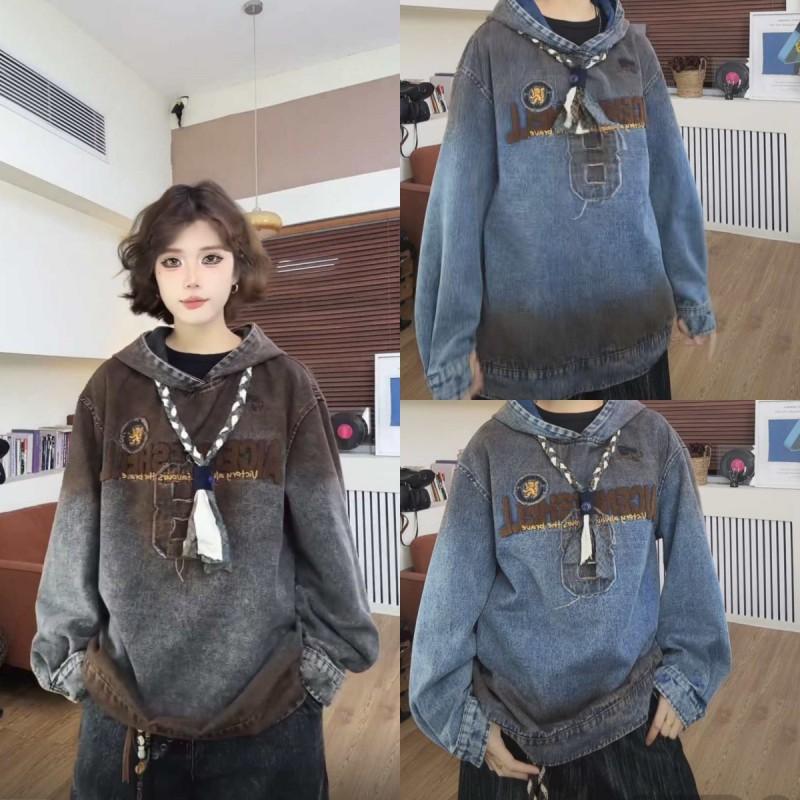 Early Vintage Embroidered Hooded Sweatshirt Loose Fit Men Women Casual Top