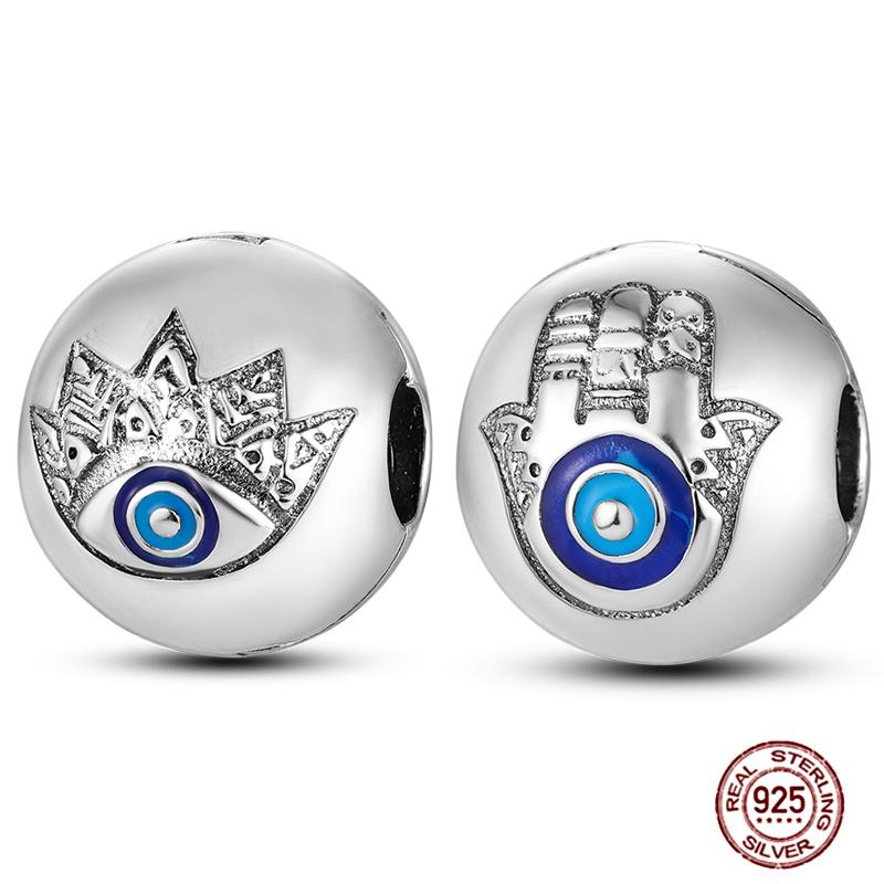 Round 925 Copper Clasp Pave Clip Charms Blue Star Moon Butterfly Slide Safety Chains Spacer Beads Fits Original Bracelet Zircon