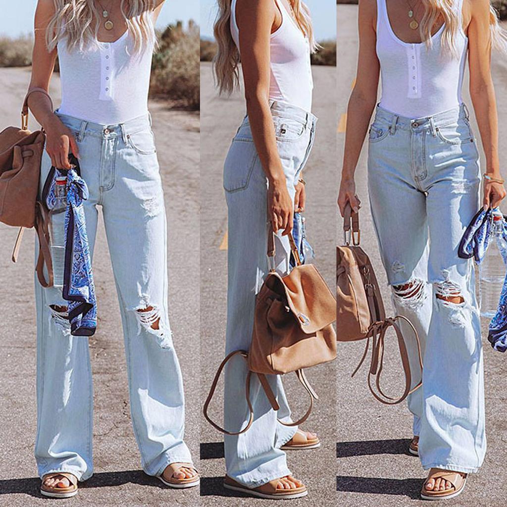 Женские повседневные потертые джинсовые брюки с потертостями, обычные широкие брюки, джинсы