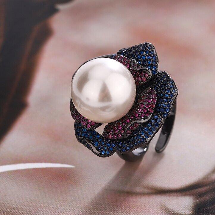Стильная атмосфера трехмерное кольцо с цветочным жемчугом, австралийские белые желтые бусины, серые бусины, открытое кольцо, слегка оправленное в красные и синие бриллианты