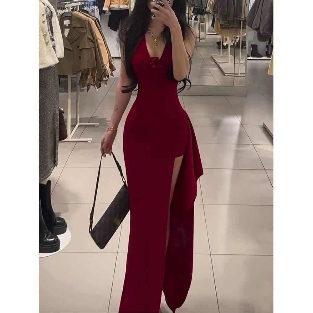 Платье-юбка, халтер с цветком, красное платье с V-образным вырезом, осеннее новое женское платье-юбка с разрезом и темпераментом