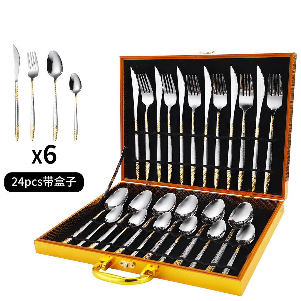 24pcs/set, Russian Stainless Steel Tableware Set, Crown Knife, Fork, Spoon, Gift Box Packaging for Kitchen, Boutique Tableware