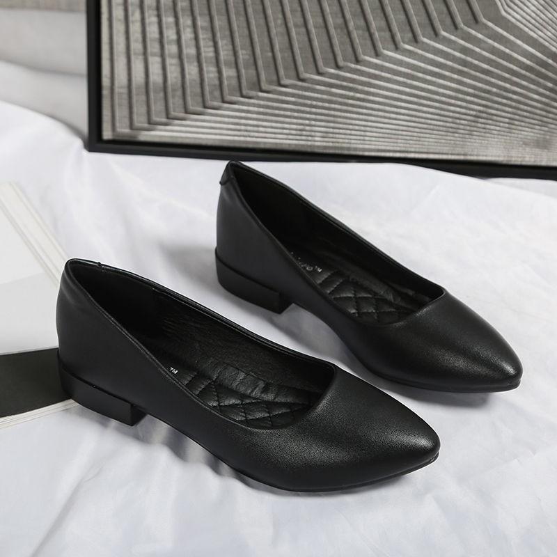 Туфли-балетки с острым носком из мягкой кожи на мягкой подошве для работы, женские, универсальные, на низком каблуке, с мелким вырезом