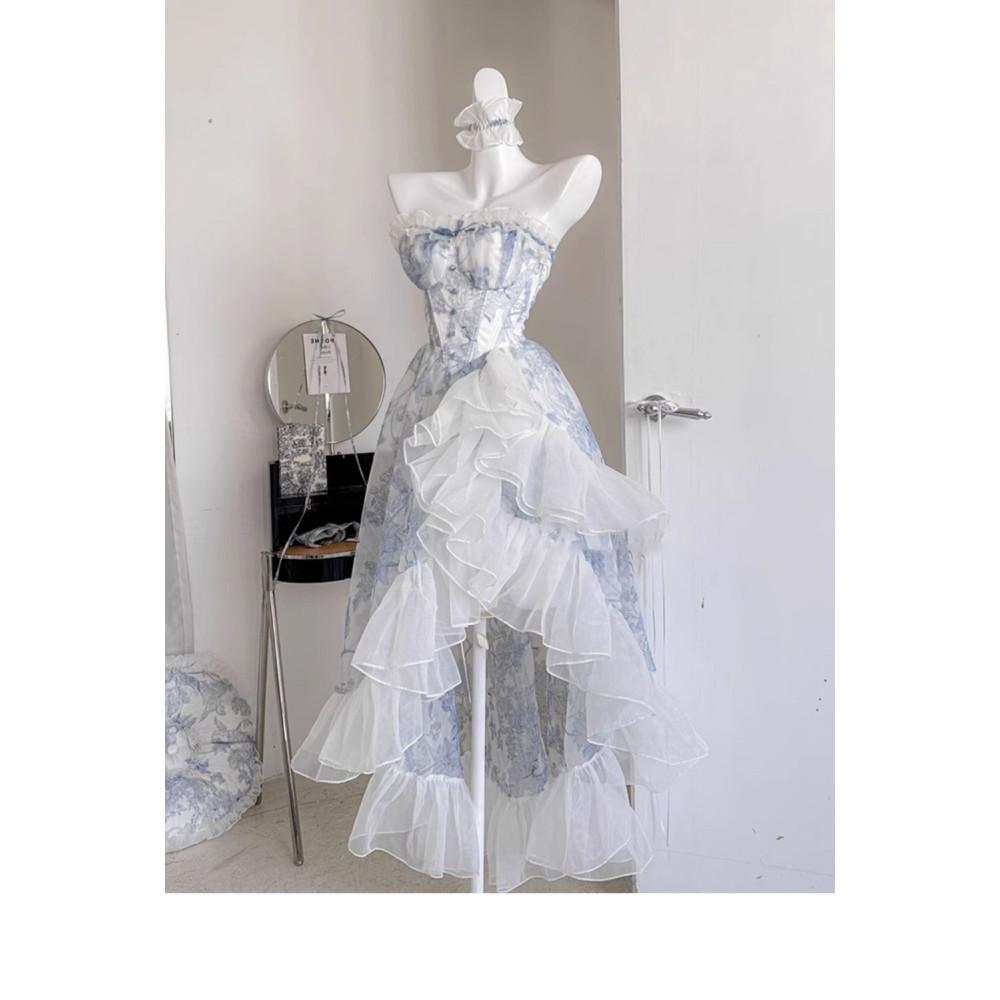 Синее платье-труба с цветочным принтом для женщин, летнее винтажное длинное платье принцессы