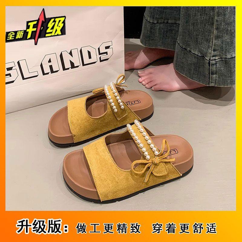 2025 sweet pearl bow flat bottom set toe one-word drag summer new beach wear Birkencool slippers women