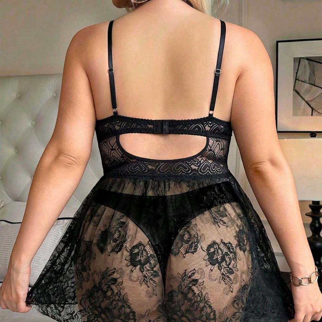 Plus Size Sexy Lace Lingerie Dress for Women Spaghetti Strap Sheer Perspective Bodysuit