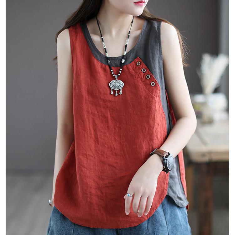 Женский свободный майка-жилет без рукавов с круглым вырезом из льна и хлопка, ретро, повседневный