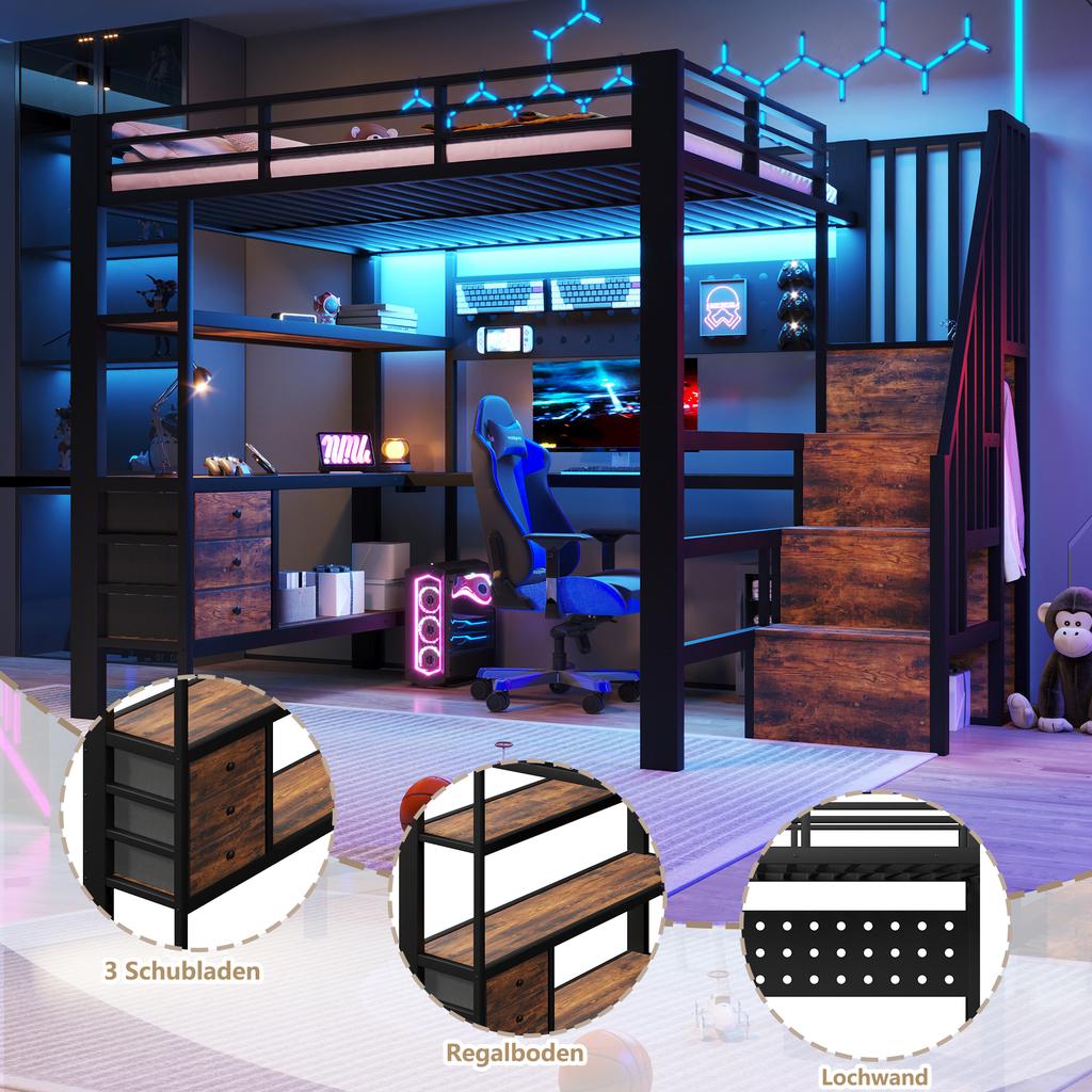 Loft Bed, 140x 200 cm, Metal Bed, Shelf Surface, Drawer, Pegboard, Desk, Power Outlet, LED Light, without Mattress, Black