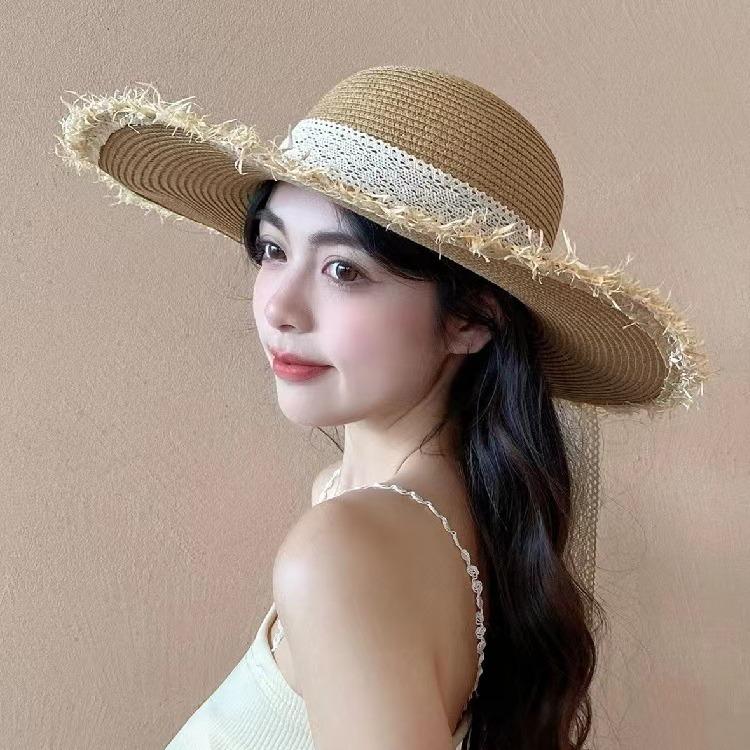 Women's Spring and Summer Korean Style Versatile Lace Straw Hat Beach Vacation Outing Fresh Sun Protection Sunshade Foldable Wide Brim Hat